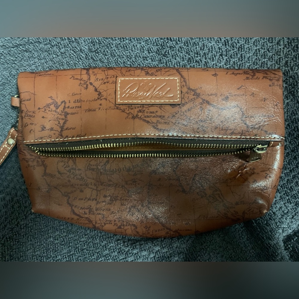 Patricia Nash Brown Leather Map Print Fold Over Clutch/Wristlet
